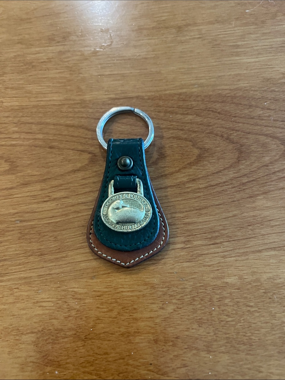 Dooney & Bourke Green and Brown Leather Key Fob with Brass Tone Medallion